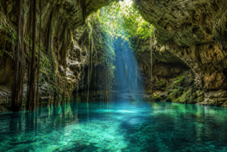 Cenote de agua turquesa entre rocas calizas y raíces en Yucatán