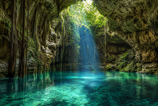 Cenote de agua turquesa entre rocas calizas y raíces en Yucatán