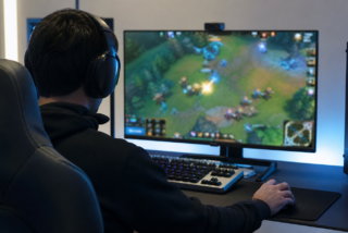 Jugador entrena en una estación de eSports con monitor y audífonos