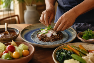 Chef emplatando un platillo mexicano con mole y tortilla de maíz azul