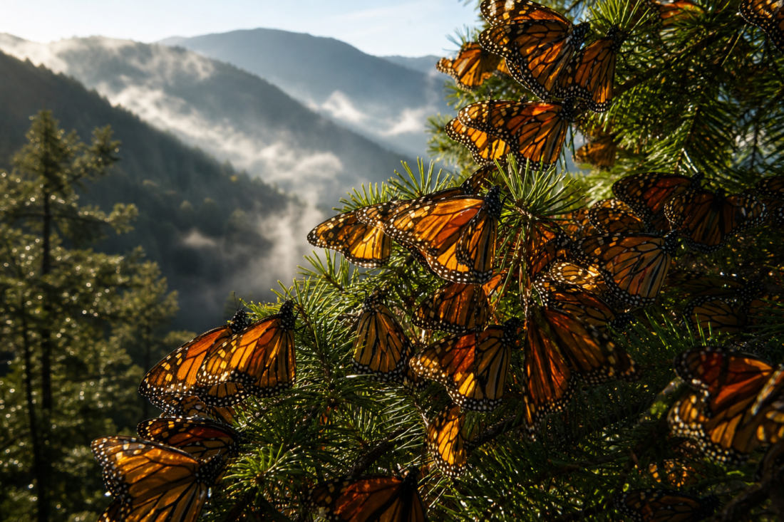 Mariposas monarca descansan sobre ramas de oyamel en un bosque del centro de México