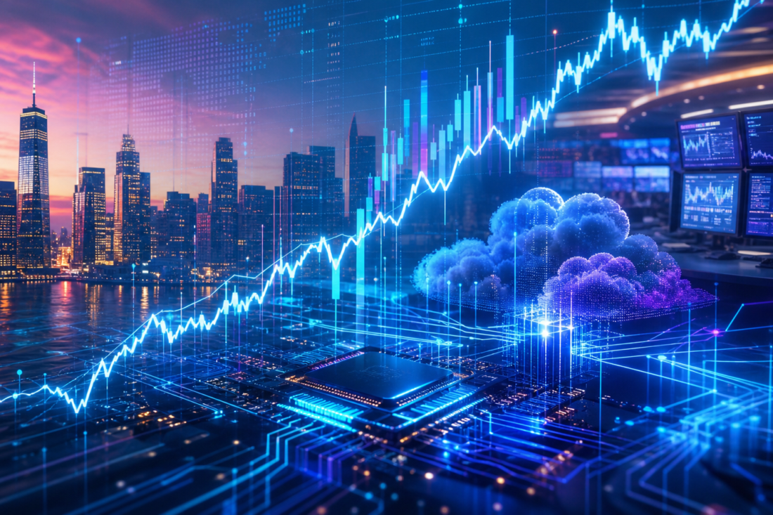 Ilustración editorial del cierre alcista del Nasdaq con tecnología, nube y semiconductores