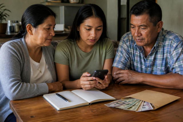 Persona revisa una transferencia internacional en el celular junto a una libreta de gastos familiares.