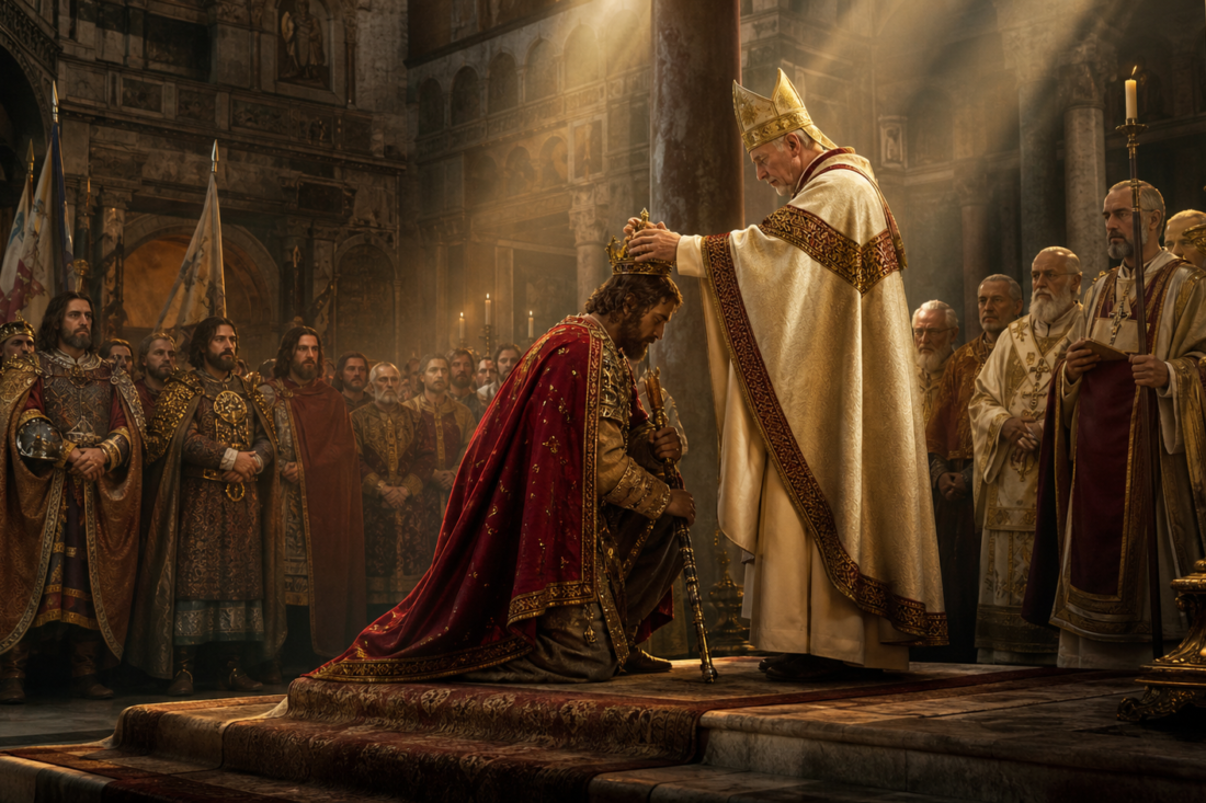 El papa León III corona a Carlomagno como emperador en Roma en el año 800