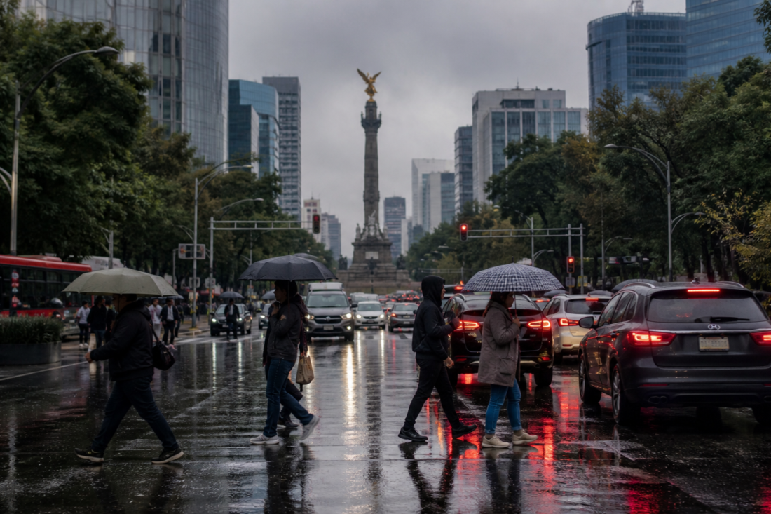 Avenida de la Ciudad de México con tráfico lento y cielo nublado durante una tarde de lluvia.
