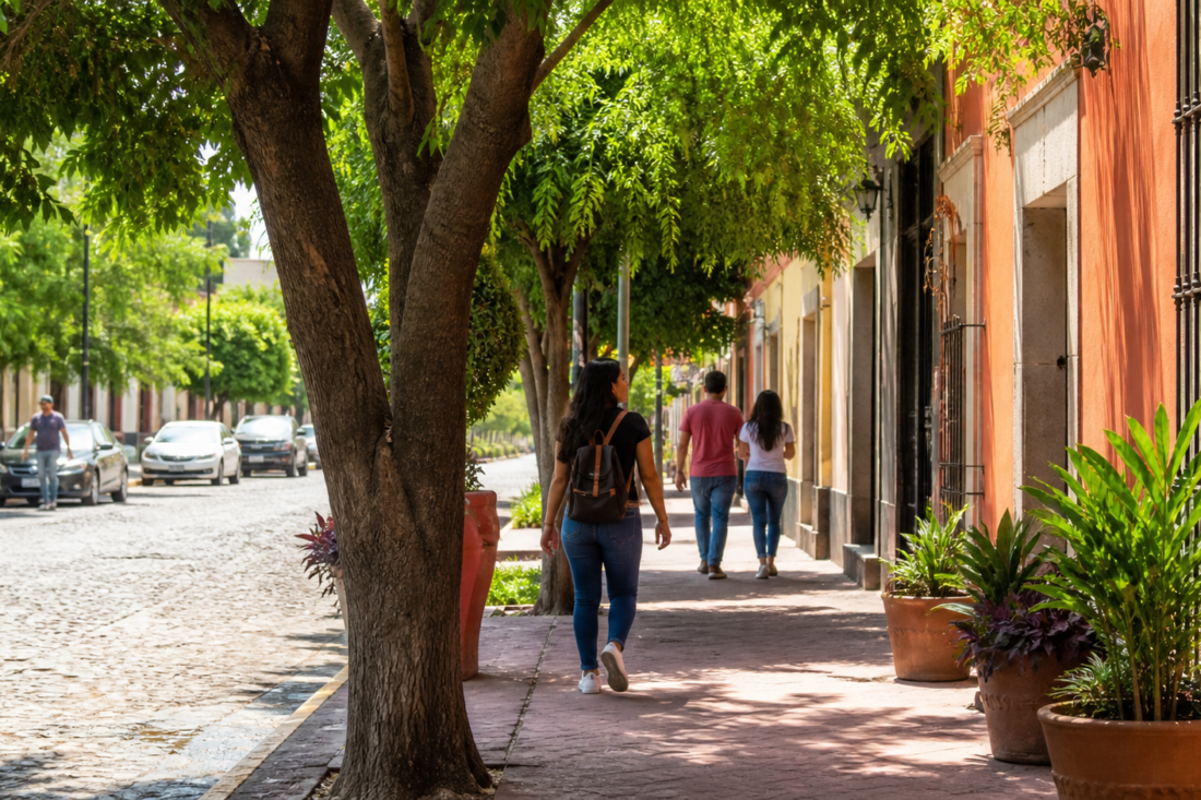 Calle urbana con árboles maduros que proyectan sombra sobre peatones, vehículos y una banqueta de concreto.