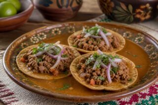 Sopitos de Colima con picadillo, cebolla y cilantro bañados en jugo sobre un plato de barro