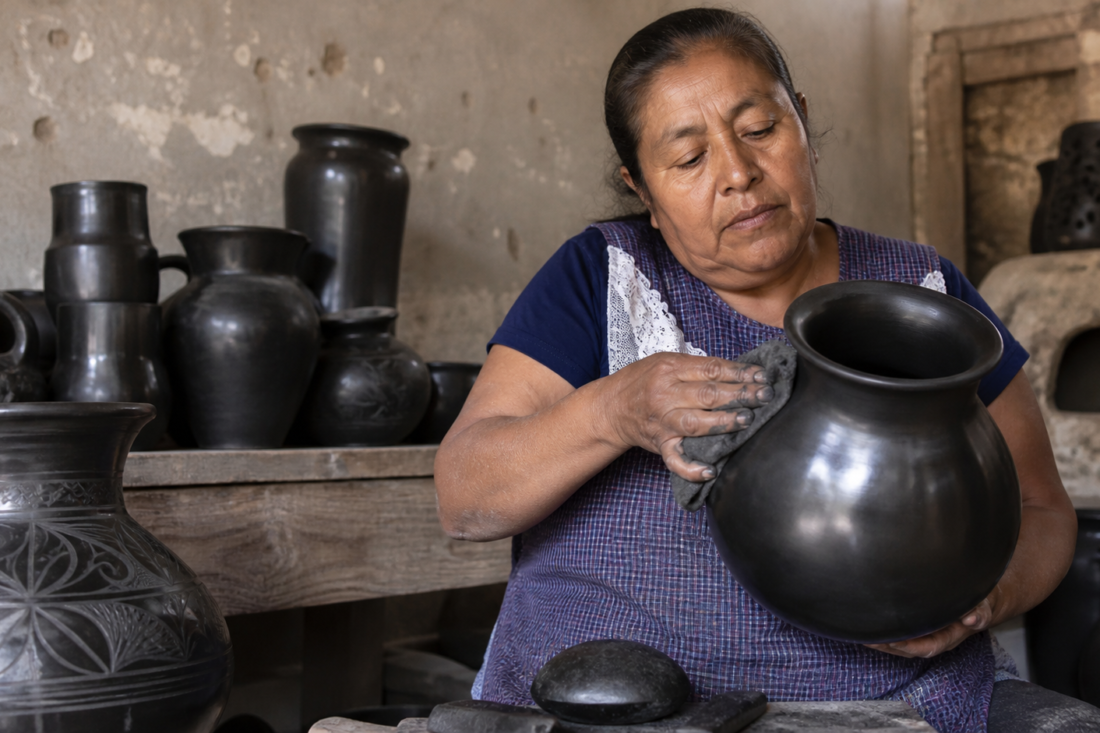 Artesana pule una vasija de barro negro en un taller de San Bartolo Coyotepec, Oaxaca.