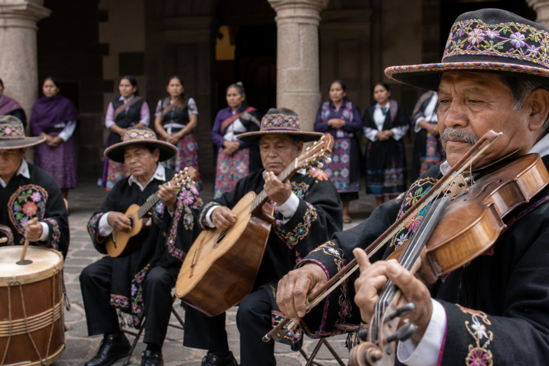 Músicos p’urhépechas interpretan pirekua con instrumentos de cuerda en una plaza comunitaria.
