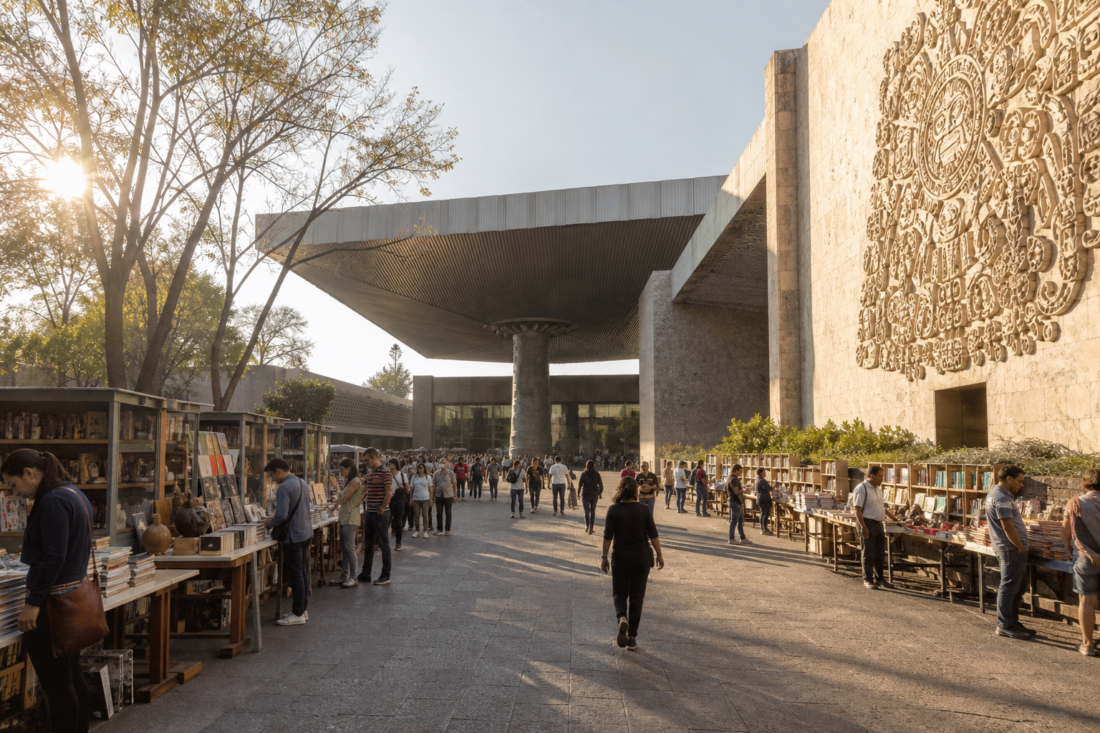 Exterior del Museo Nacional de Antropología con visitantes y puestos de libros durante una feria cultural