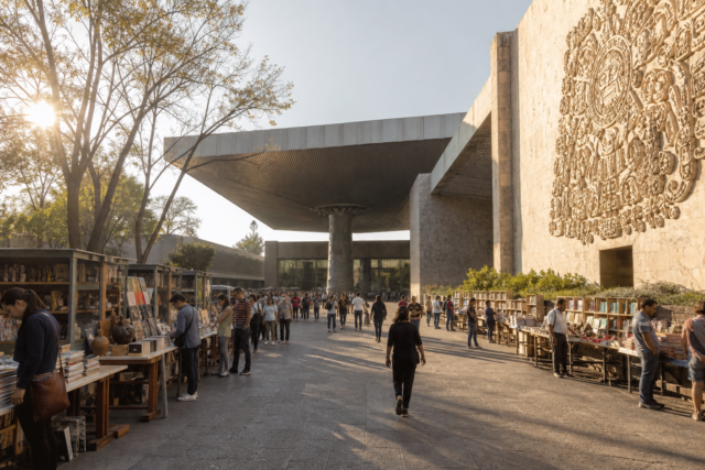 Exterior del Museo Nacional de Antropología con visitantes y puestos de libros durante una feria cultural