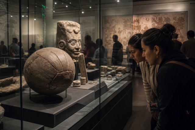 Vitrina de museo con una pelota de hule y piezas prehispánicas observadas por visitantes