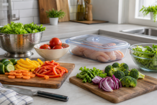 Cocina organizada con tablas separadas, verduras lavadas y alimentos crudos apartados