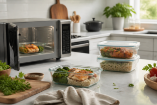 Sobras de comida en recipientes de vidrio poco profundos dentro de una cocina doméstica