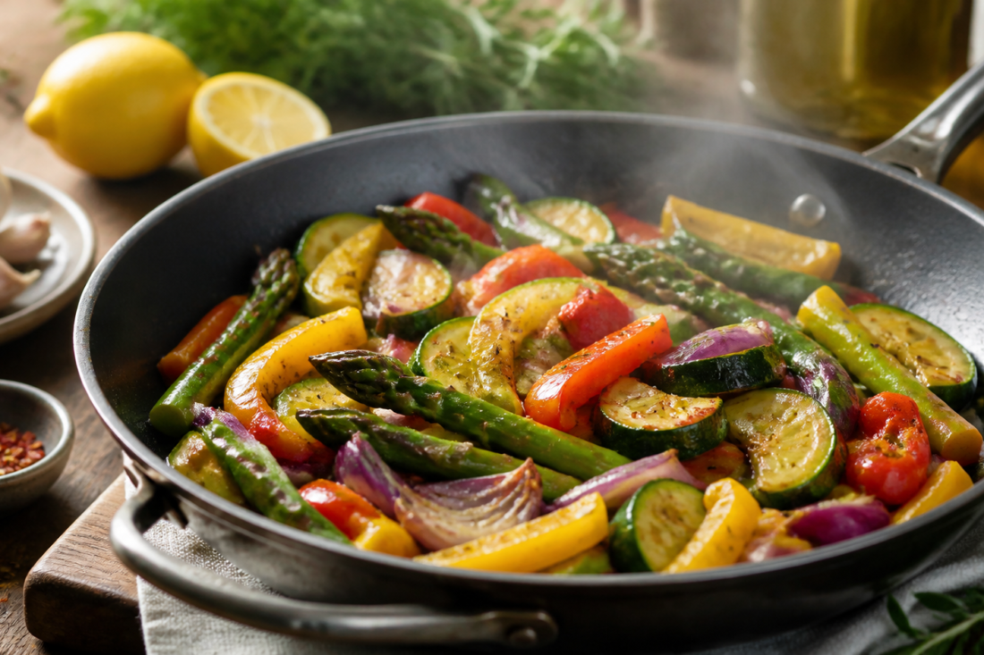 Verduras coloridas cocinadas suavemente en un sartén con hierbas y limón