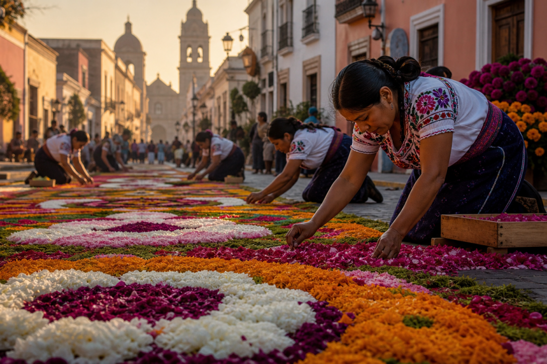Artesanas elaboran tapetes monumentales de flores durante la Feria de la Dalia en Huamantla