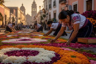 Artesanas elaboran tapetes monumentales de flores durante la Feria de la Dalia en Huamantla