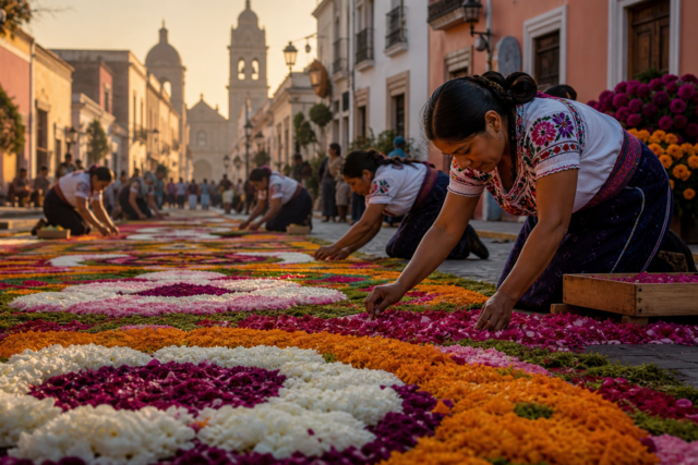 Artesanas elaboran tapetes monumentales de flores durante la Feria de la Dalia en Huamantla