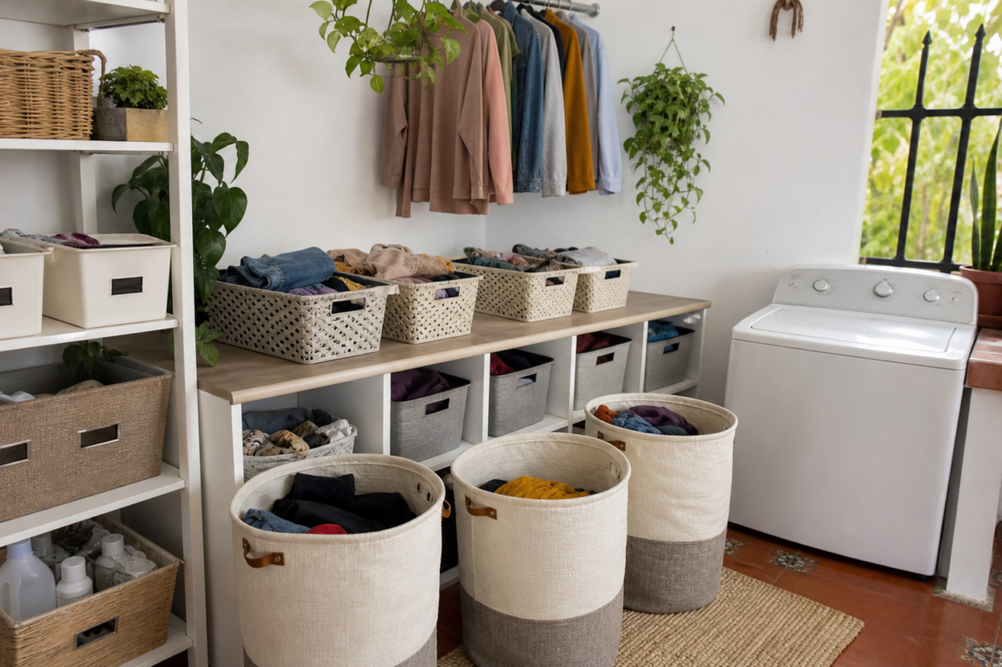 Área de lavandería organizada con canastos para separar ropa y estantes para mantener el orden.