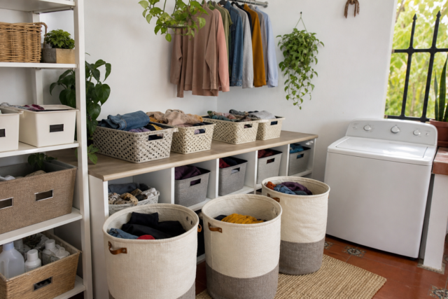 Área de lavandería organizada con canastos para separar ropa y estantes para mantener el orden.