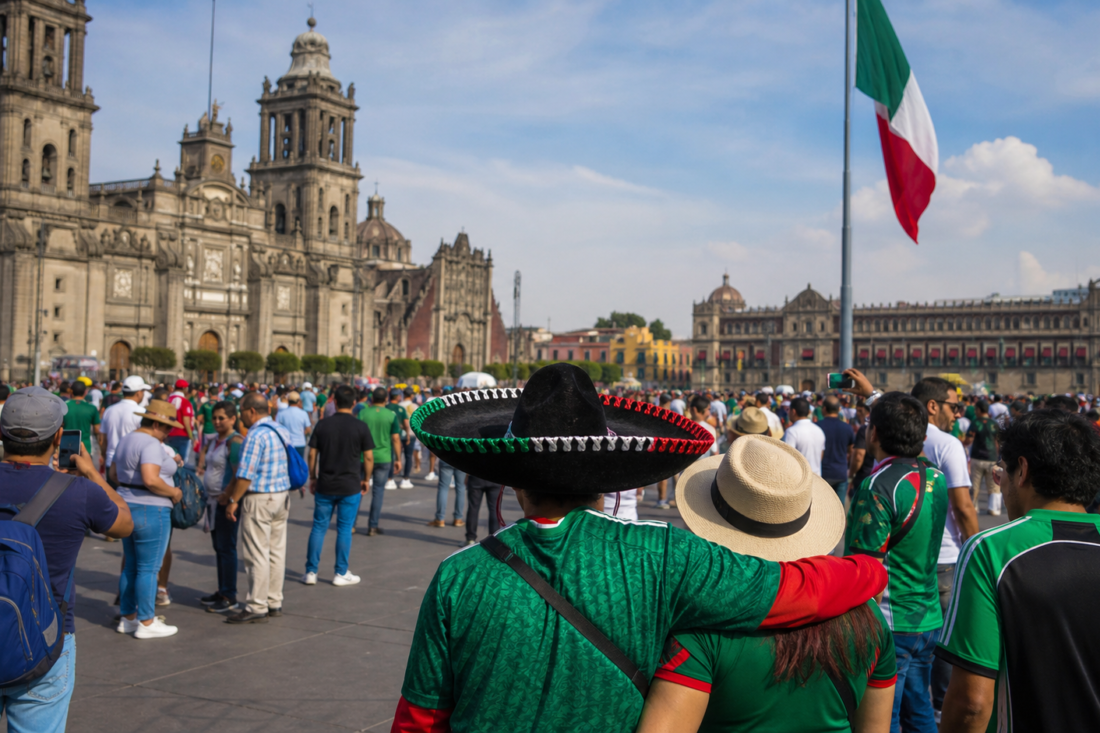 Visitantes y aficionados conviven en una plaza histórica de México durante el Mundial 2026