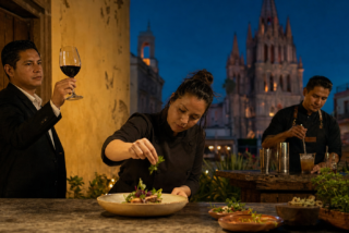 Chef termina un plato mientras un sommelier levanta una copa de vino guanajuatense y un mixólogo trabaja al fondo, con arquitectura de San Miguel de Allende.