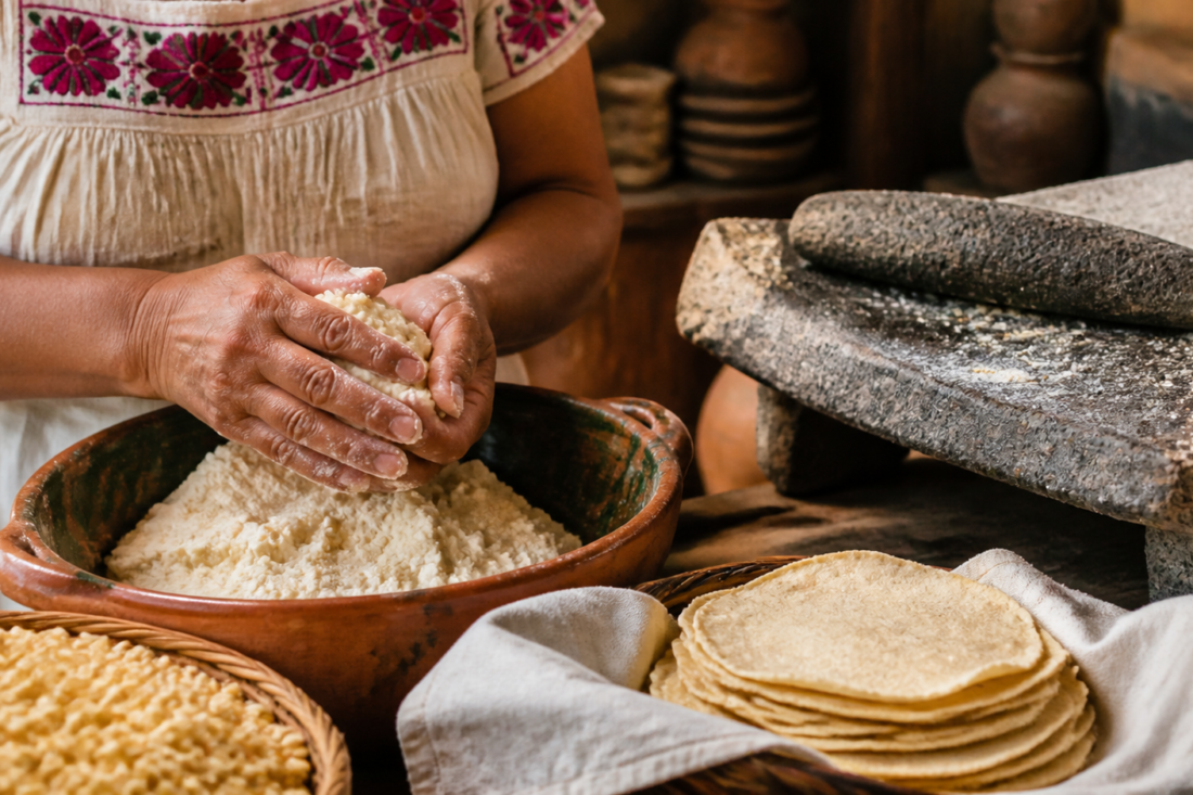 Manos muelen maíz nixtamalizado en un metate junto a tortillas recién hechas.