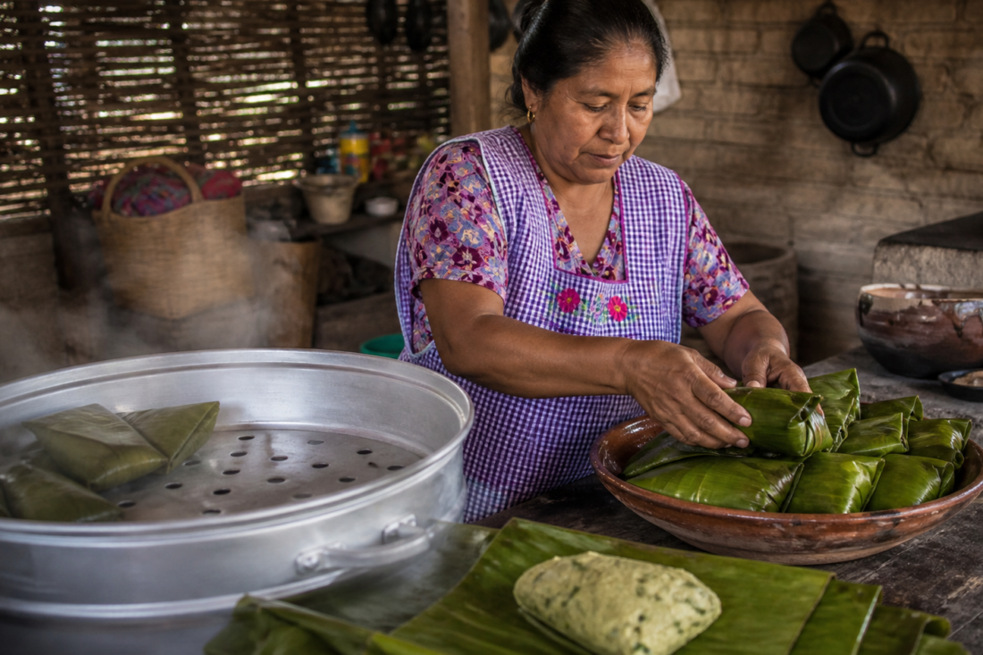 Cocinera tradicional acomoda tamales de chipilín envueltos en hojas dentro de una vaporera.