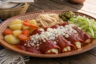 Enchiladas mineras de Guanajuato con salsa de chile guajillo, queso, pollo, papas y zanahorias en plato de barro