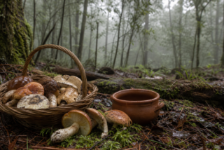 Hongos silvestres en una canasta sobre el suelo de un bosque húmedo de pinos y encinos.