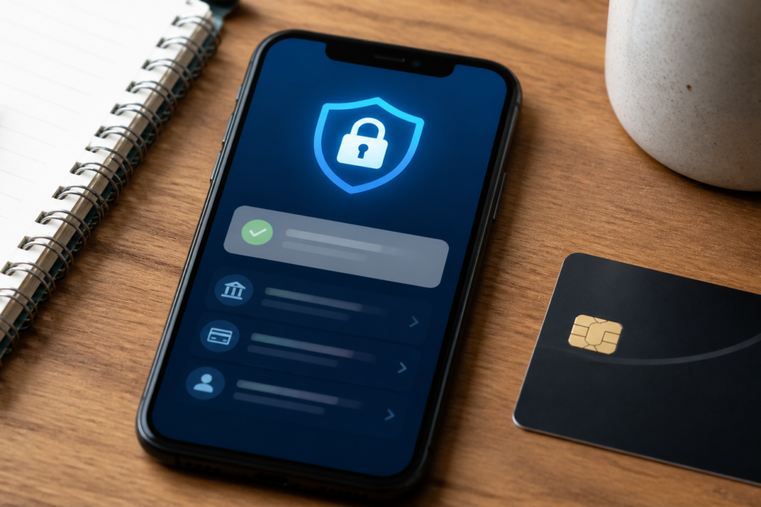 Aplicación bancaria muestra una alerta de compra y controles de seguridad en un teléfono.