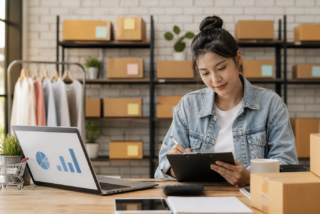 Espacio de trabajo de una pequeña empresa con inventario organizado y control de operaciones