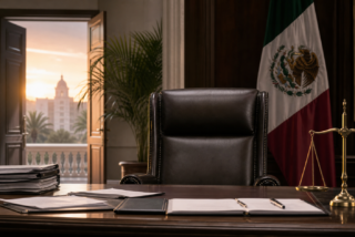 Oficina de gobierno con silla vacía, documentos y balanza de justicia ante el regreso de Rubén Rocha Moya