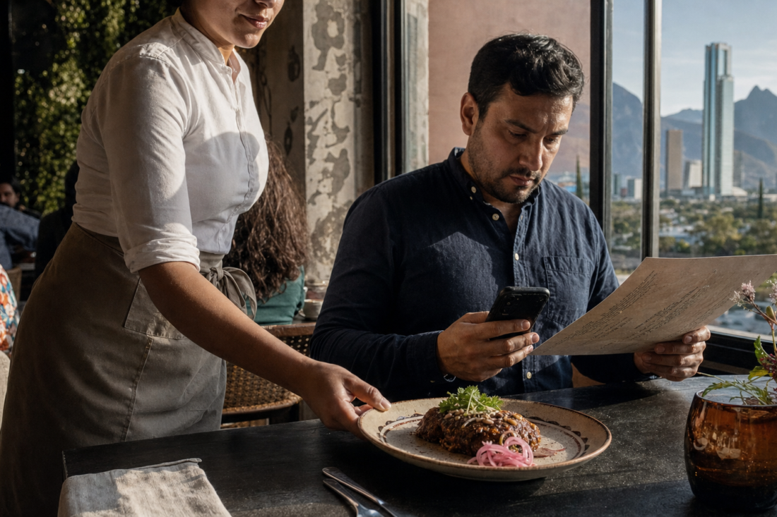 Mesero acerca un plato a una mesa mientras una persona revisa el menú y calcula el gasto en su teléfono, en un restaurante urbano de San Pedro Garza García.