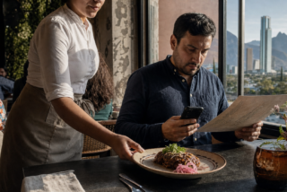 Mesero acerca un plato a una mesa mientras una persona revisa el menú y calcula el gasto en su teléfono, en un restaurante urbano de San Pedro Garza García.