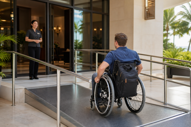 Viajera consulta una lista de accesibilidad junto a una rampa de acceso en un hotel.