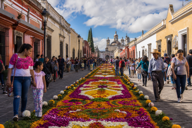 Visitantes recorren una calle de Huamantla decorada con un tapete de flores de colores
