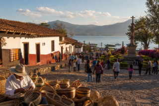Visitantes recorren una plaza de Pátzcuaro frente al lago entre artesanías y arquitectura tradicional
