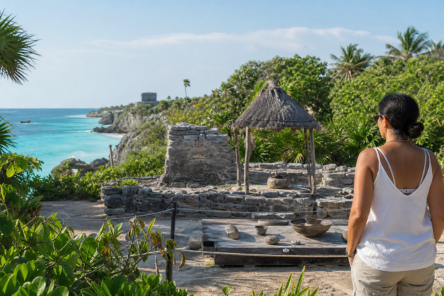 Visitante observa un espacio patrimonial junto a la costa caribeña de Xel-Há