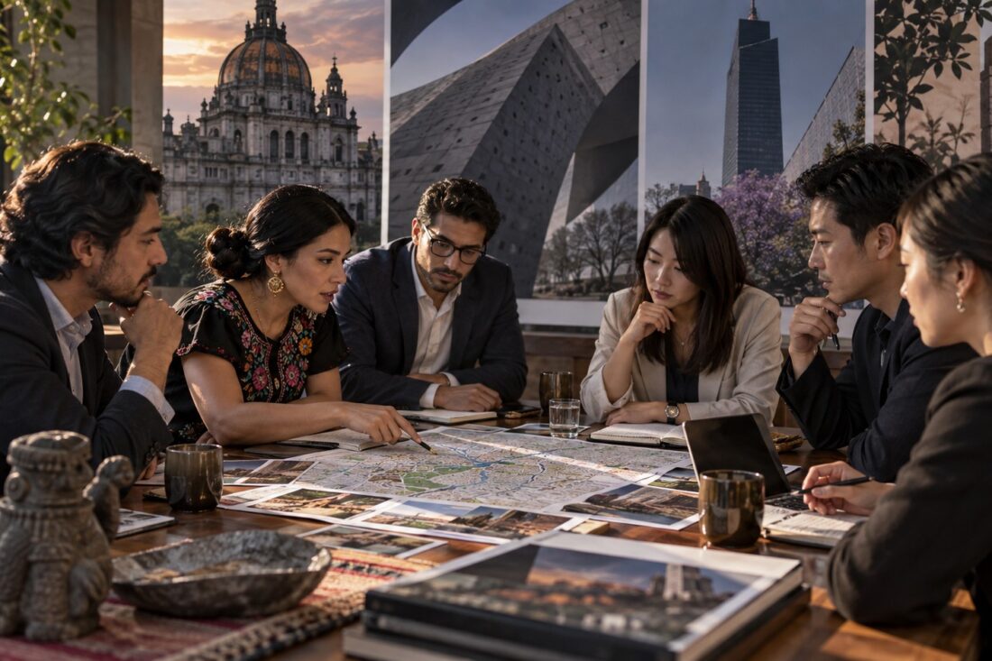 Ilustración de profesionales mexicanos y japoneses que revisan un itinerario turístico en una mesa de trabajo.
