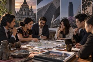 Ilustración de profesionales mexicanos y japoneses que revisan un itinerario turístico en una mesa de trabajo.