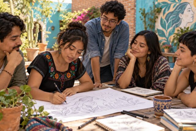 Ilustración editorial de jóvenes adultos mexicanos dialogando sobre asuntos comunitarios en un espacio cultural.