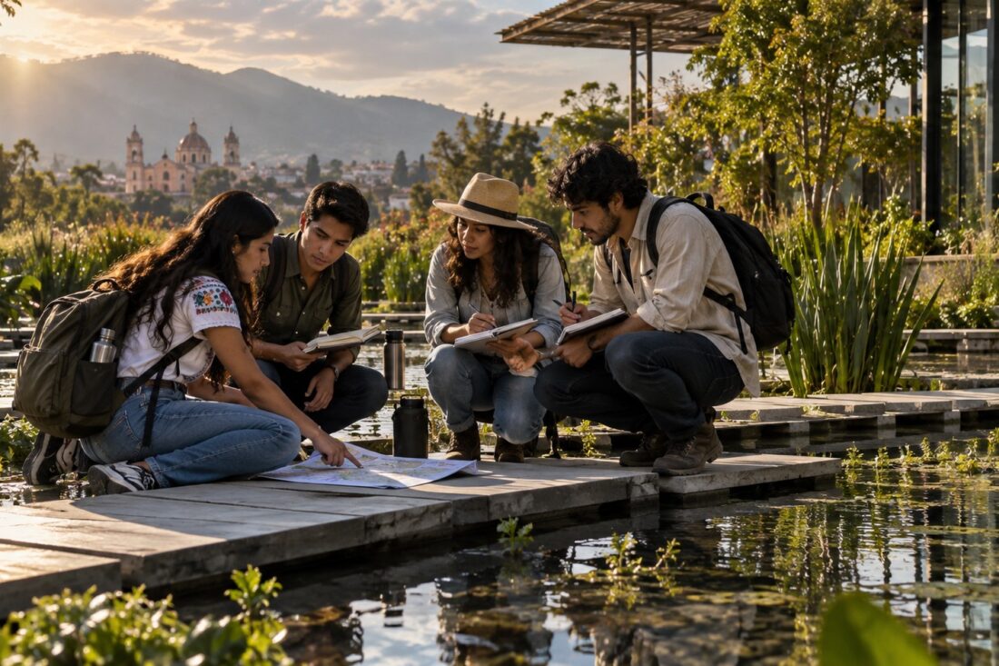 Ilustración de estudiantes de turismo que preparan una visita en un jardín urbano con pasarelas y agua.