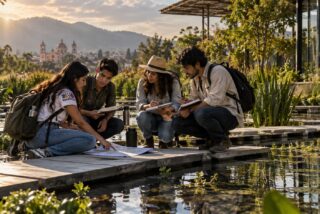 Ilustración de estudiantes de turismo que preparan una visita en un jardín urbano con pasarelas y agua.