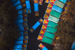 Vista ilustrativa de un canal y vegetación acuática que evoca los paisajes lacustres de Xochimilco; la imagen no identifica un embarcadero específico.