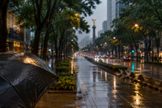 Avenida de Ciudad de México durante una lluvia vespertina con paraguas y reflejos urbanos.