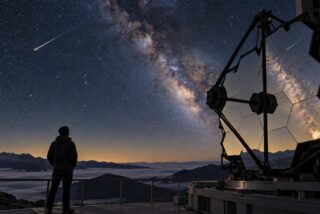 Ilustración editorial de una estela de meteoro y su reflejo en segmentos de un espejo de observatorio bajo la Vía Láctea.