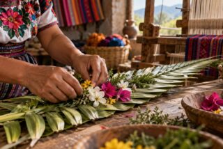 Ilustración de manos artesanas que decoran una palma con flores junto a textiles y un telar.