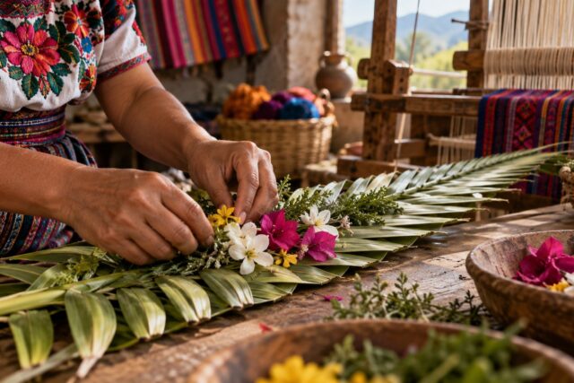 Ilustración de manos artesanas que decoran una palma con flores junto a textiles y un telar.