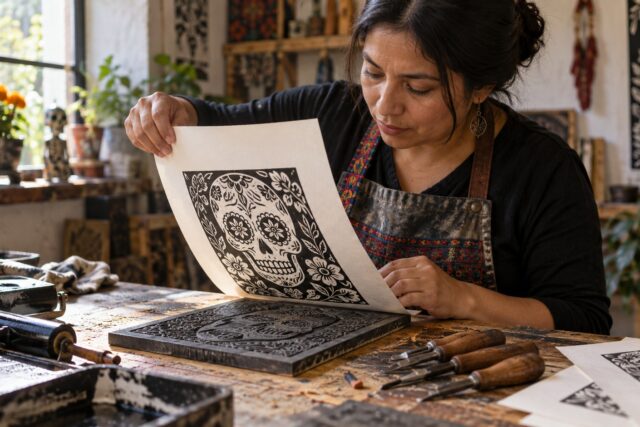 Ilustración de un grabador que levanta una impresión de una matriz en un taller; no reproduce una obra de Robledo.